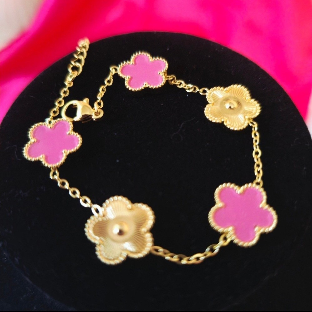 18K Gold Plated Stainless Steel Pink Enamel Flower Charm Bracelet 6-8 Inch